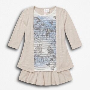 Bongo Y2K Butterfly Graphic Layered Top Cardigan Tan Blue Juniors Small